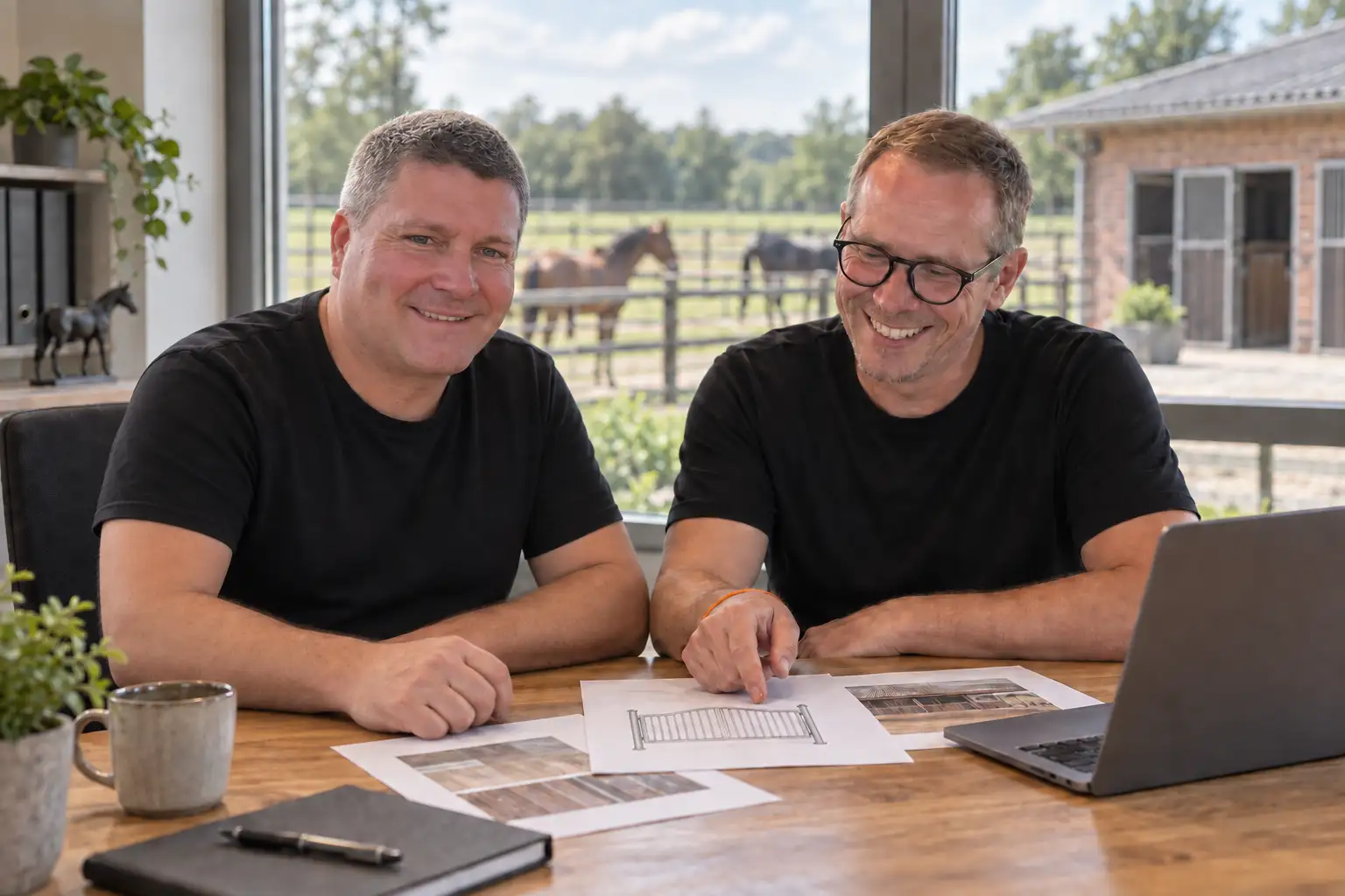 KI-Komposition: Oliver Groht und Johann Krahfuß besprechen technische Unterlagen an einem Tisch, im Hintergrund ein Pferdehof